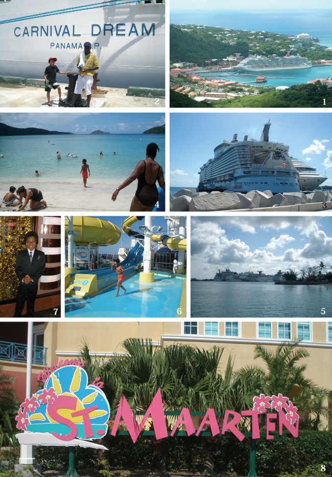 1US バージンアイランドの高台から見たドリーム 号 2ドリーム号の前で 3セントマーテインで　巨大船オアシス号 4美しいビーチトップ10に入るマーゲンビーチ 5寄港地ナッソー港の様子 6 なが～いチューブのスライダー寄港地ナッソー港の様子 7馬子にも衣装、フォーマルデイナーの日 8セントマーテインの港 