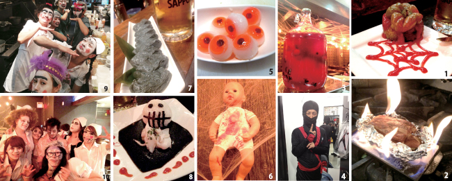 1ピーマンのハロウィン肉詰め。ピリ辛でビールにピッタリ。2「炎のスペアリブ。見た目も味もバッチリです。3ハロウィンのデコレーションは本気です。4コスチュームも色々試着します。5カルピス味の目玉。食べるとちゃんと美味しいんですよ！！6飲食店なのに少しやり過ぎですかね。。笑 7イカスミ入りの出汁巻き卵。8イカスミシーフードカレー。味も見た目もバッチリです！！9シェフの皆も頑張ってメイクします。怖いと言うか笑いと言うか。。10恐怖の病院スタッフ。女子も男子もしっかりメイク。