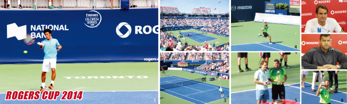 1.杉田選手のフォアハンドでの激しいラリー2. にぎわう会場 3. 決勝最後の1球をサーブするフェデラー選手 4.力強いツォンガ選手のリターン 5. 互いに健闘をたたえ合う 6. 記者会見に応じるフェデラー選手7. 記者会見に応じるツォンガ選手 8. トロフィーを掲げるツォンガ選手