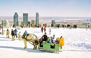 © Tourisme Montréal, Stéphan Poulin 公園の頂上から見える風景と冬を楽しむ人々
