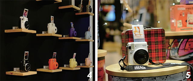 ４ 展開中のチェキがずらりと並んだinstaxコーナー ５ 店頭ディスプレイ